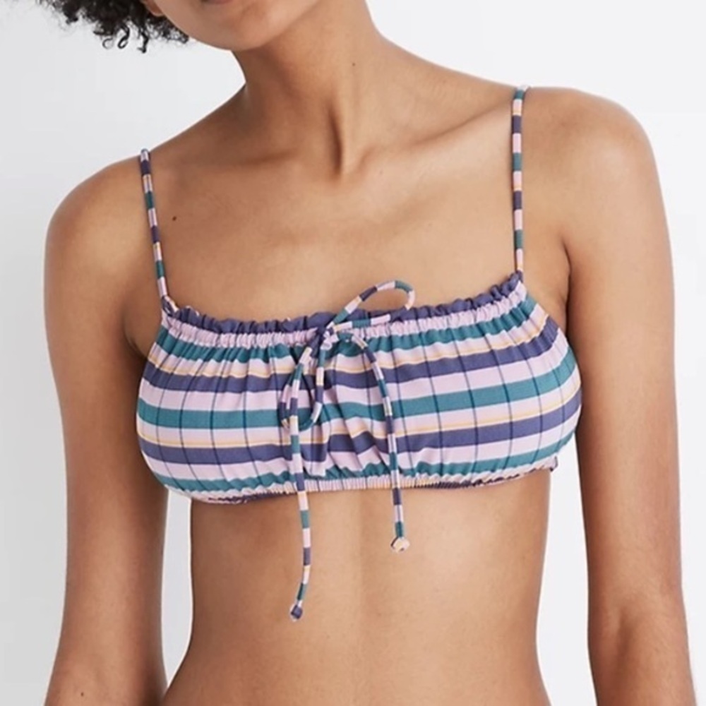 Madewell Second Wave Ruffled Drawstring Bikini Top in Plaid size medium
